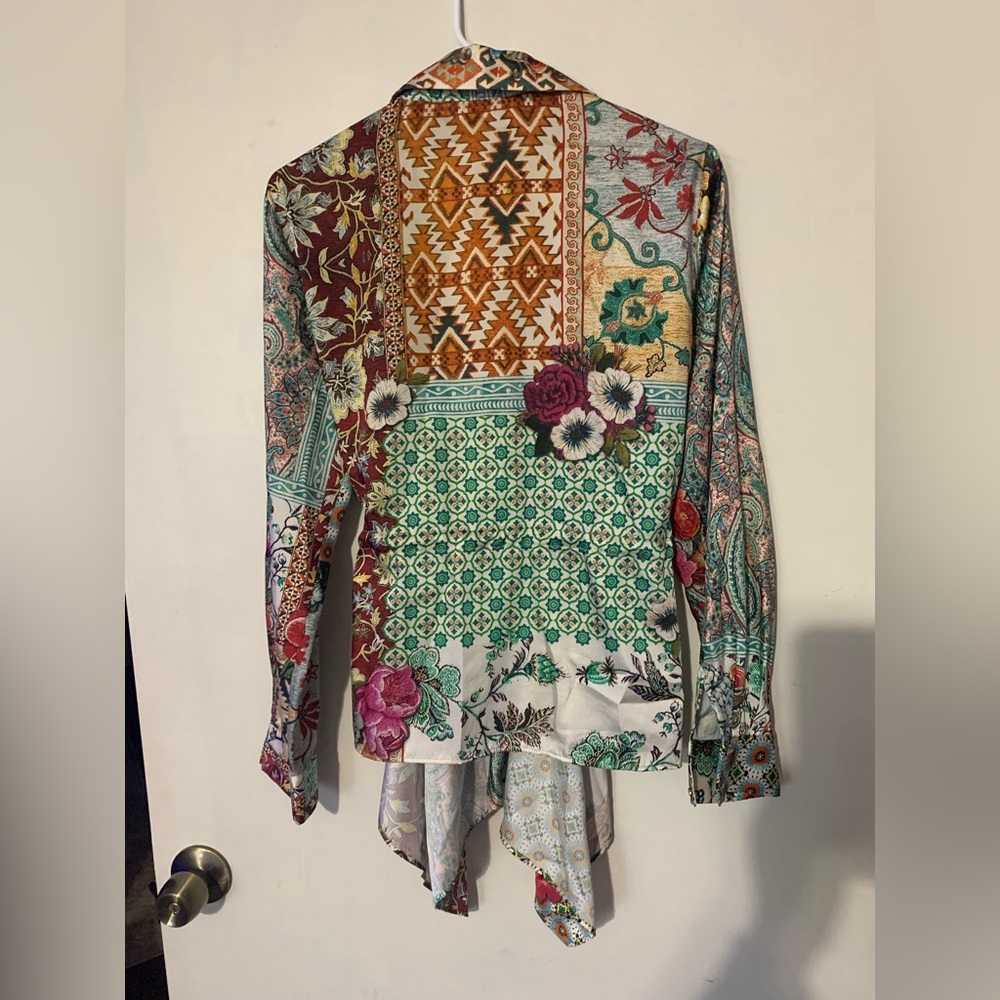 Zara Multicolor Geometric & Floral Mix Blouse in Teal, Green & Cream - Picture 2 of 4